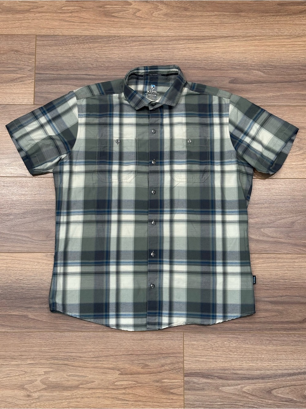 Kuhl Men's Short Sleeve Plaid Button-Down Shirt in Green, White, Blue